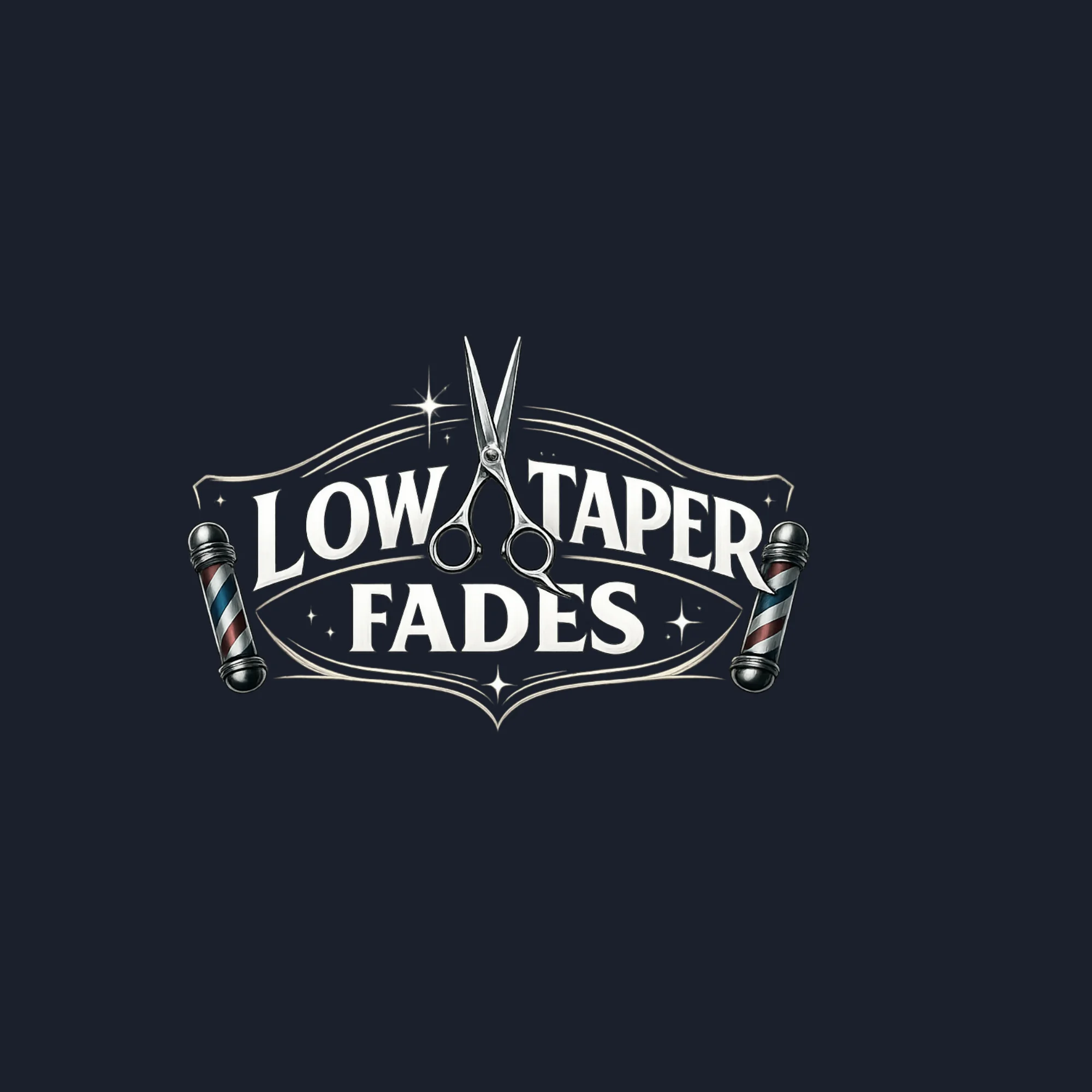 Logo design featuring the text “Low Taper Fades” in bold vintage-style lettering with a pair of barber scissors in the center and classic barber poles on each side. The design is set against a dark blue background, highlighting a professional barbershop theme focused on low taper fade haircuts.