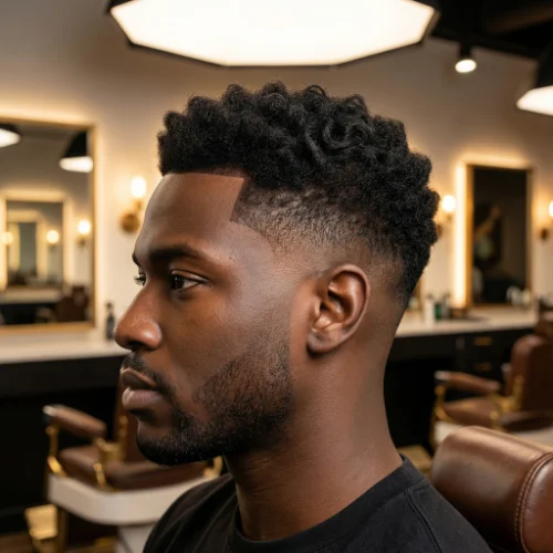 Black man with natural textured hair on top and a clean low taper fade on the sides, creating a sharp and modern hairstyle.