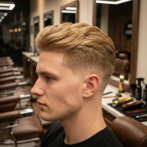 Low taper fade haircut with blonde textured top and clean side taper, modern men’s hairstyle in a barbershop