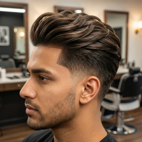 Modern men's haircut featuring a low taper fade on the sides and back with long hair on top. The long, textured top adds volume and movement, while the low taper fade creates a sharp, polished finish around the ears and neckline. Perfect for men seeking a stylish, contemporary look with long hair and a neat fade.