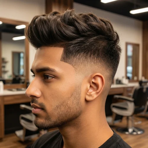 Modern men's haircut featuring a low taper fade on the sides and back combined with an undercut on top. The long, textured top contrasts with the clean faded sides, adding volume and style, while the low taper creates a sharp, polished finish around the ears and neckline. Ideal for men seeking a contemporary, stylish, and bold look.