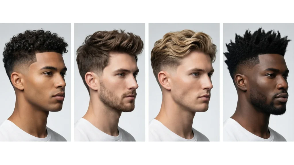 Most popular low taper fade haircuts for men featuring a clean gradual fade around the ears and neckline with different stylish hair types on top such as textured, wavy, curly, and straight hair
