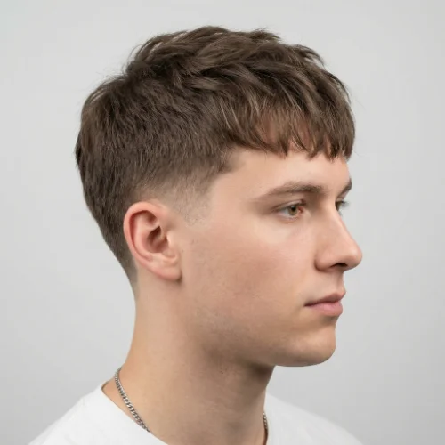 Modern men's haircut featuring a low taper fade on the sides and back with a textured fringe styled forward on top. The fringe adds subtle volume and movement, while the low taper fade creates a sharp, polished finish around the ears and neckline. Ideal for men seeking a stylish, contemporary look with a neat and trendy fringe.