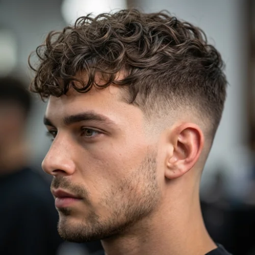 Man with a textured crop and low taper fade for curly hair, featuring defined curls on top with a clean gradual fade on the sides and neckline.