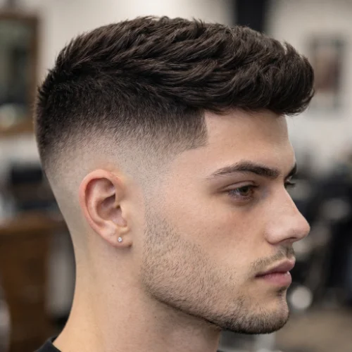 Man with a short textured crop and low taper fade, featuring a clean gradual fade on the sides with short layered texture on top.