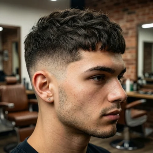 Man with a textured French crop and low taper fade, featuring a short fringe with layered texture on top and a clean gradual fade on the sides.