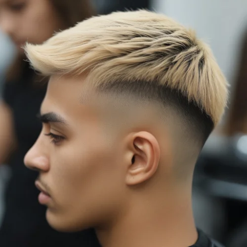 Man with a low taper fade and blonde textured crop, featuring a clean gradual fade on the sides with short layered blonde hair on top.