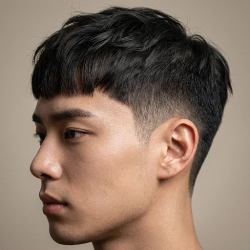 Man with a low taper fade and messy French crop, featuring a textured fringe on top with a clean gradual fade on the sides.