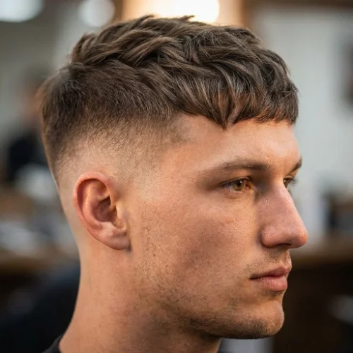 Man with a low taper fade crop top, featuring a clean gradual fade on the sides with short textured hair on top.