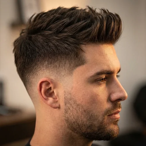 Man with a low taper fade and textured fringe blowout, featuring voluminous styled fringe on top with a clean gradual fade on the sides.