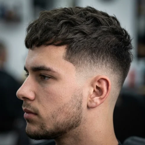 Teen boy with textured crop haircut and low taper fade, clean modern style