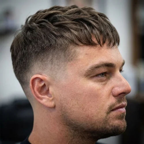 Young man with low taper fade and textured fringe haircut, stylish and modern look