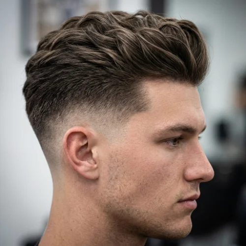 side view of man with low taper fade and textured top hairstyle for thick hair, clean and modern look