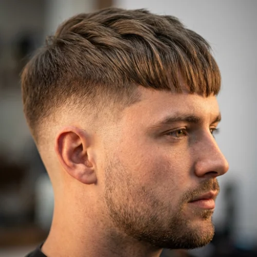 Side view of a man with low taper fade and straight hair textured fringe, clean modern style