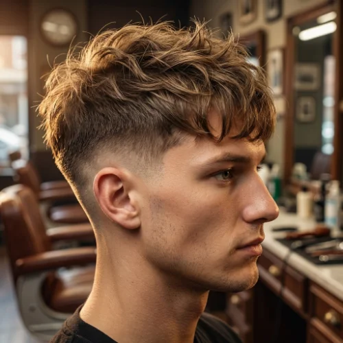 Side view of a man with textured fringe and low taper fade, clean and modern hairstyle
