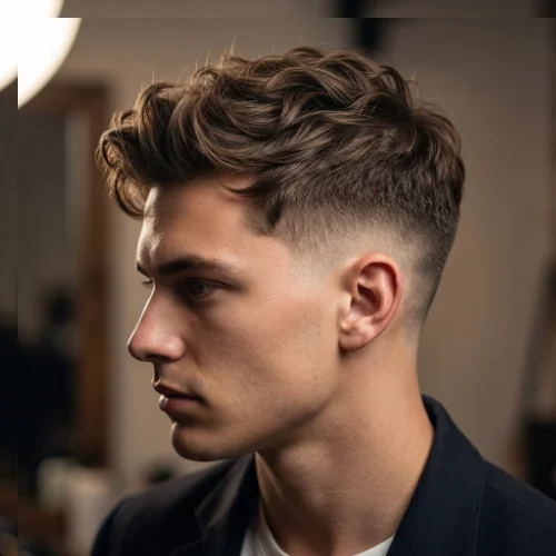 Side view of a Man with textured low taper fade haircut, modern clean hairstyle