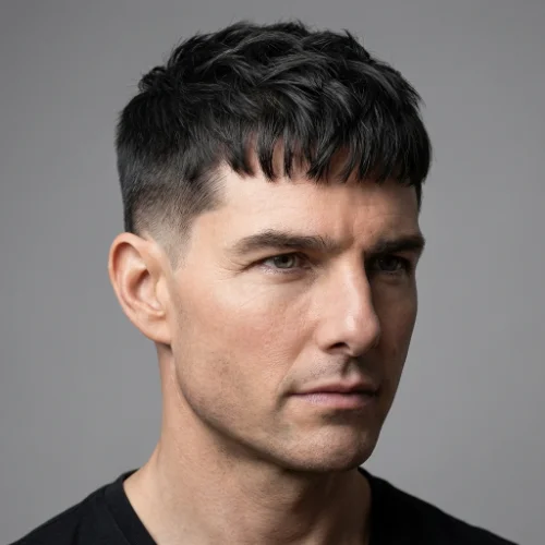 Man with low taper fade and French crop haircut, clean modern hairstyle