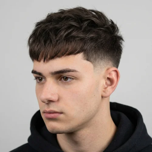 Side view of a Man with low taper fade and textured fringe haircut for thin hair, clean modern look