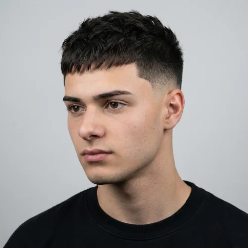 side view of a man with short textured crop and low taper fade haircut, clean modern style