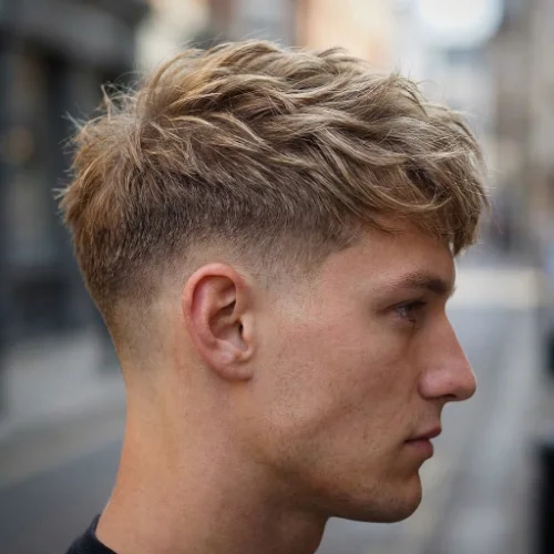 Side view of a Man with modern textured crop and low taper fade haircut, clean and stylish look