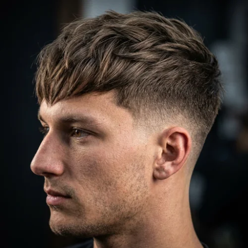 Side view of a man with low taper fade and textured fringe haircut, clean modern style