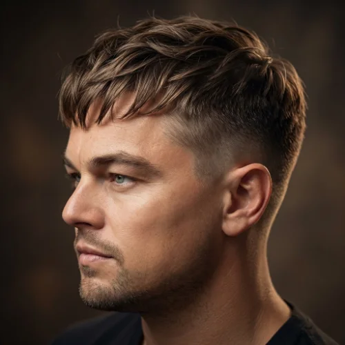 Side view of a man with low taper fade with a textured fringe haircut, clean and modern look