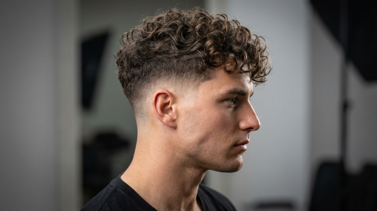 Low taper fade curly hairstyle for men with defined curls and clean sides