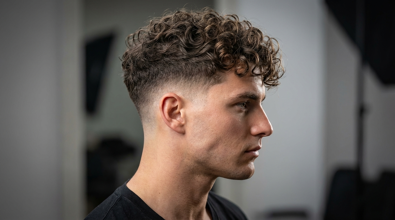 Low taper fade curly hairstyle for men with defined curls and clean sides