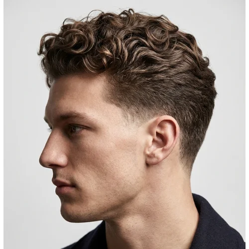 Low taper fade classic curly hair for men with natural curls on top and clean tapered
