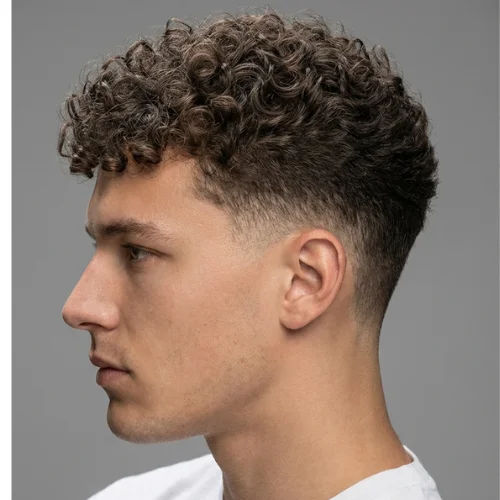 Low taper fade with short curly top for men featuring natural curls on top and clean tapered sides