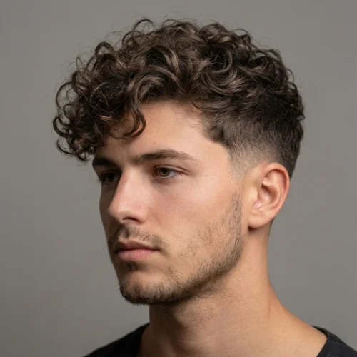 Low taper fade with Long curly top for men featuring natural curls on top and clean tapered sides