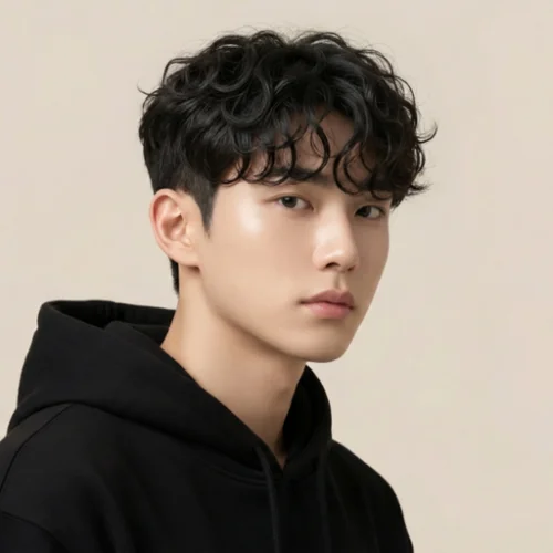 Curly fringe low taper for men featuring curly fringe in the front and clean tapered sides