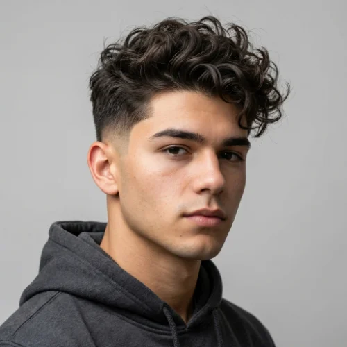 Low taper curly messy hairstyle for men with natural messy curls on top and clean tapered sides