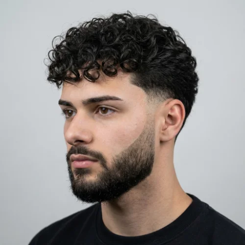 Curly low taper with beard for men featuring natural curly hair on top and a clean tapered fade