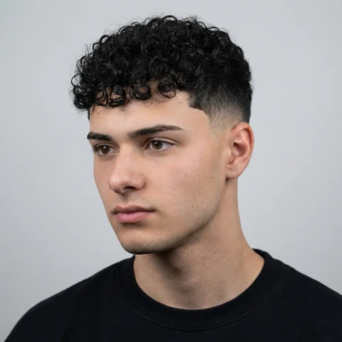 Low taper fade with tight curls for men featuring defined tight curls on top and clean tapered sides