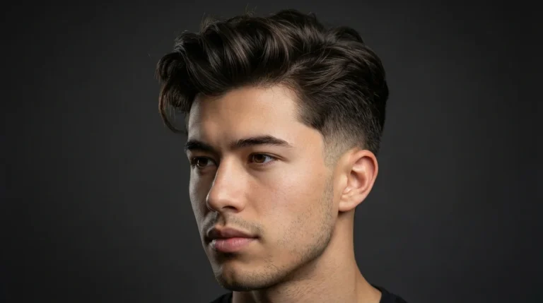 Portrait of a young man with a Low Taper Fade Blowout haircut, featuring clean blended sides and a thick swept-back top, styled in a sharp modern men’s look against a dark background.