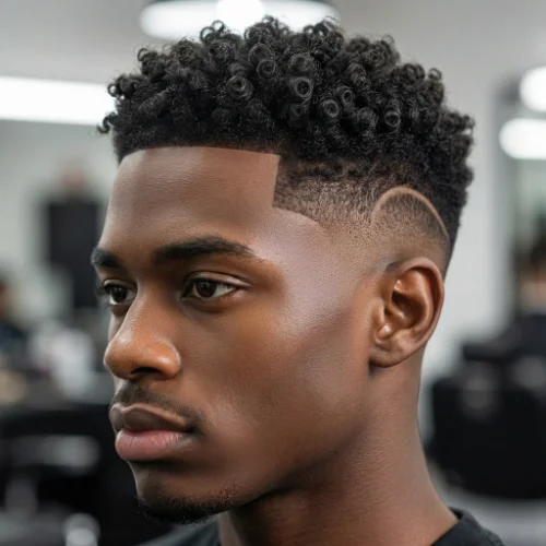 Low taper fade on short curly hair with sharp lineup and subtle side design
