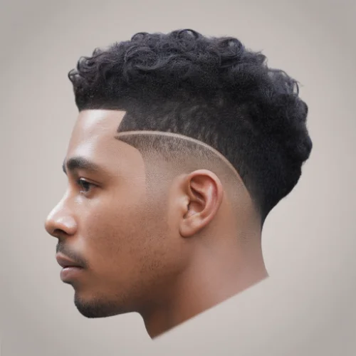 Modern low taper fade haircut with textured curly top, clean lineup, and bold curved shaved line detail