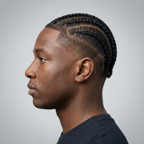 Modern low taper fade haircut with straight back cornrows, clean edge up, and neatly braided design