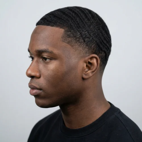 “Side view of a man with 360 waves hairstyle and clean low taper fade, sharp lineup and defined hairline.”
