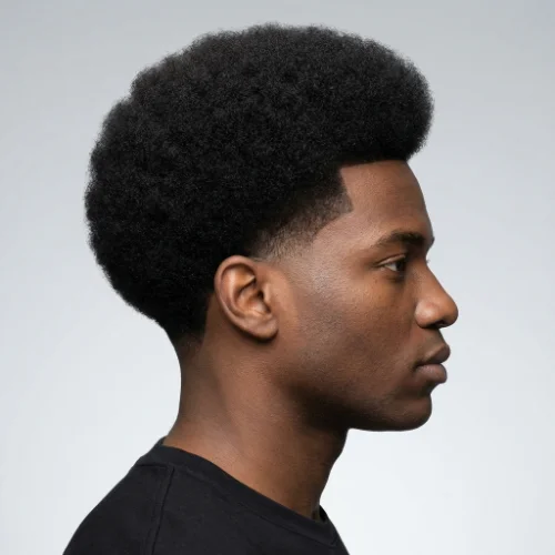 “Side profile of a man with a rounded afro top and clean low taper fade on the sides, sharp lineup and natural textured hair.”