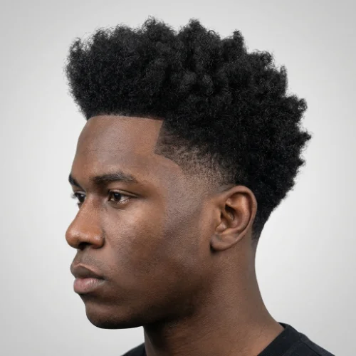 Side profile of a man with a low taper fade haircut, featuring a clean gradual fade on the sides with thick natural textured afro hair on top.