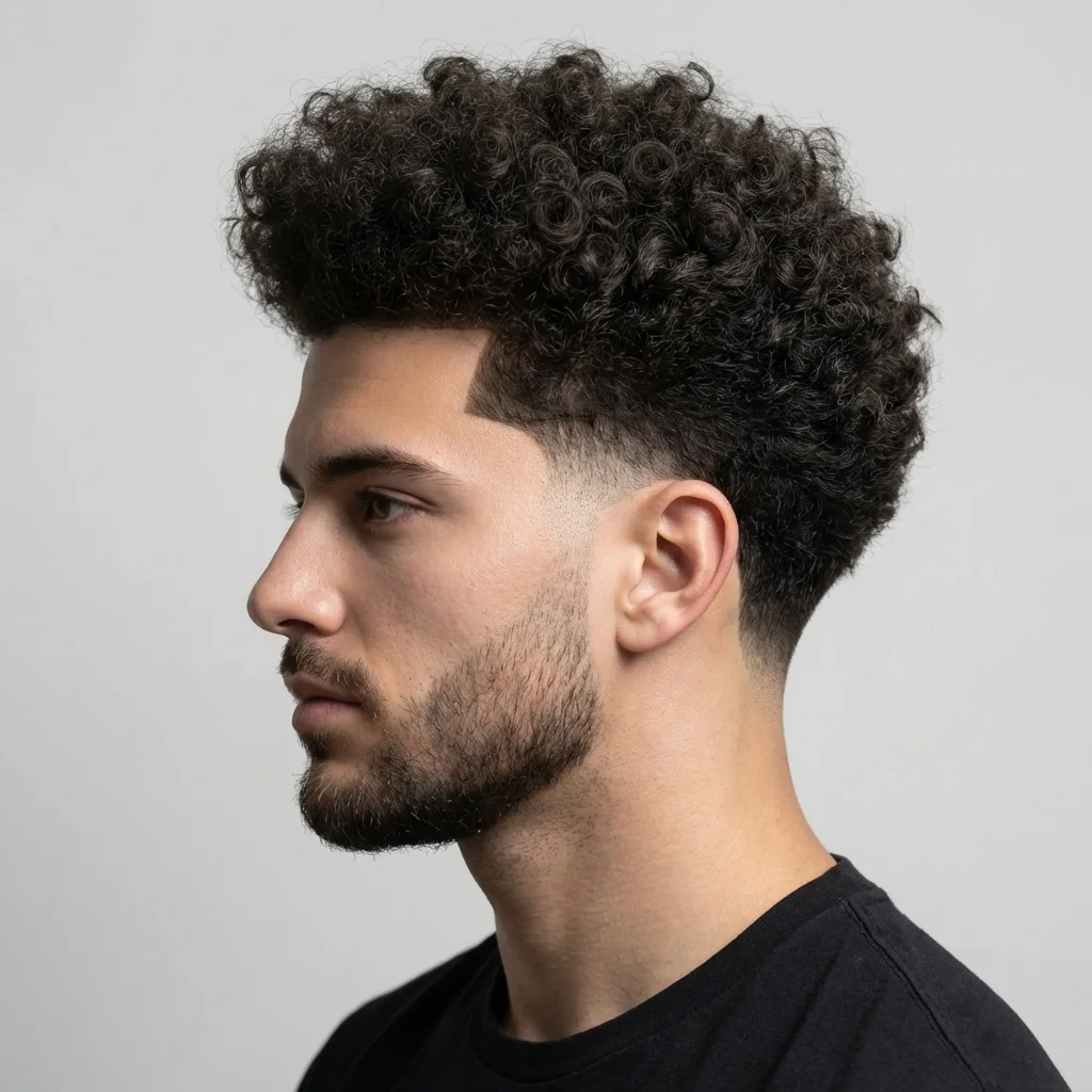 Low Taper Fade haircut with textured curly top, gradual skin taper, and trimmed beard