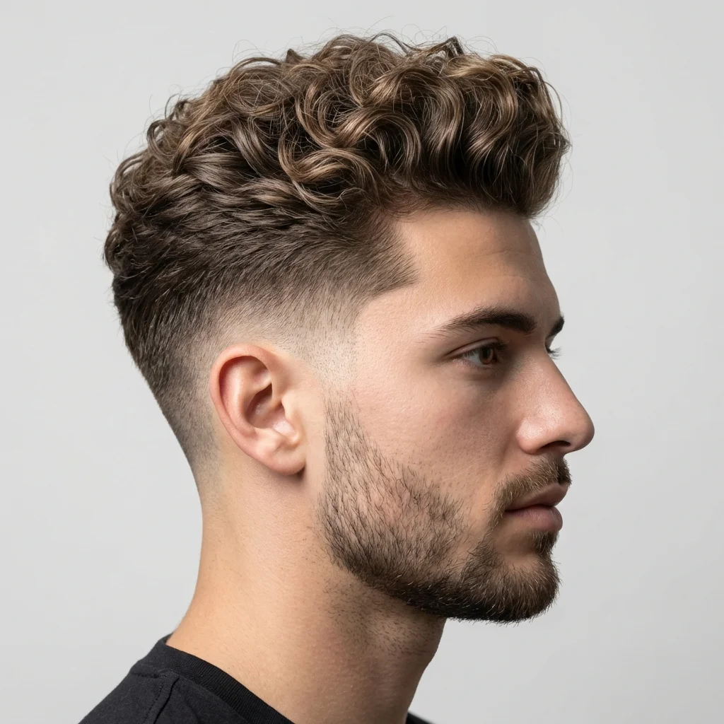 Low taper thin curly hair for men featuring light natural curls on top and clean tapered sides