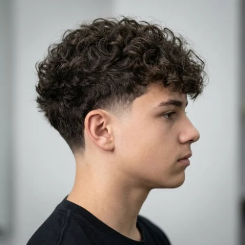 Low taper fade curly teen hairstyle with natural curls on top and clean tapered sides