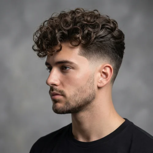 Low taper curly professional hairstyle for men with neat curly hair on top and clean tapered sides
