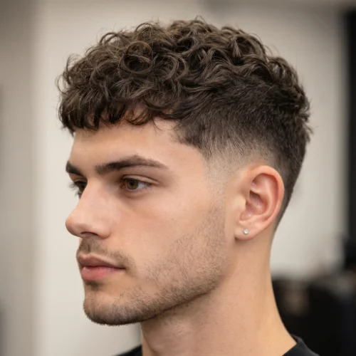 Low taper with curly crop textured hairstyle for men featuring textured curly crop on top and clean tapered sides