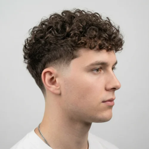 Sponge curls with low taper for men featuring defined sponge curls on top and clean tapered sides