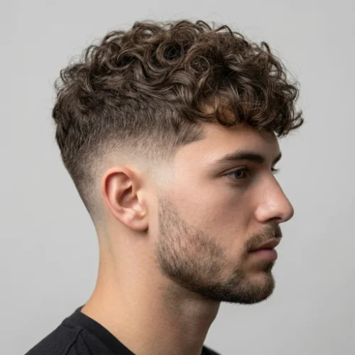 Low taper fade curly Edgar haircut for men featuring curly fringe on top and clean tapered sides