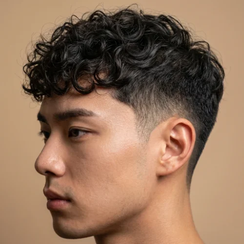 Low taper fade curly undercut for men featuring curly hair on top and clean tapered undercut sides